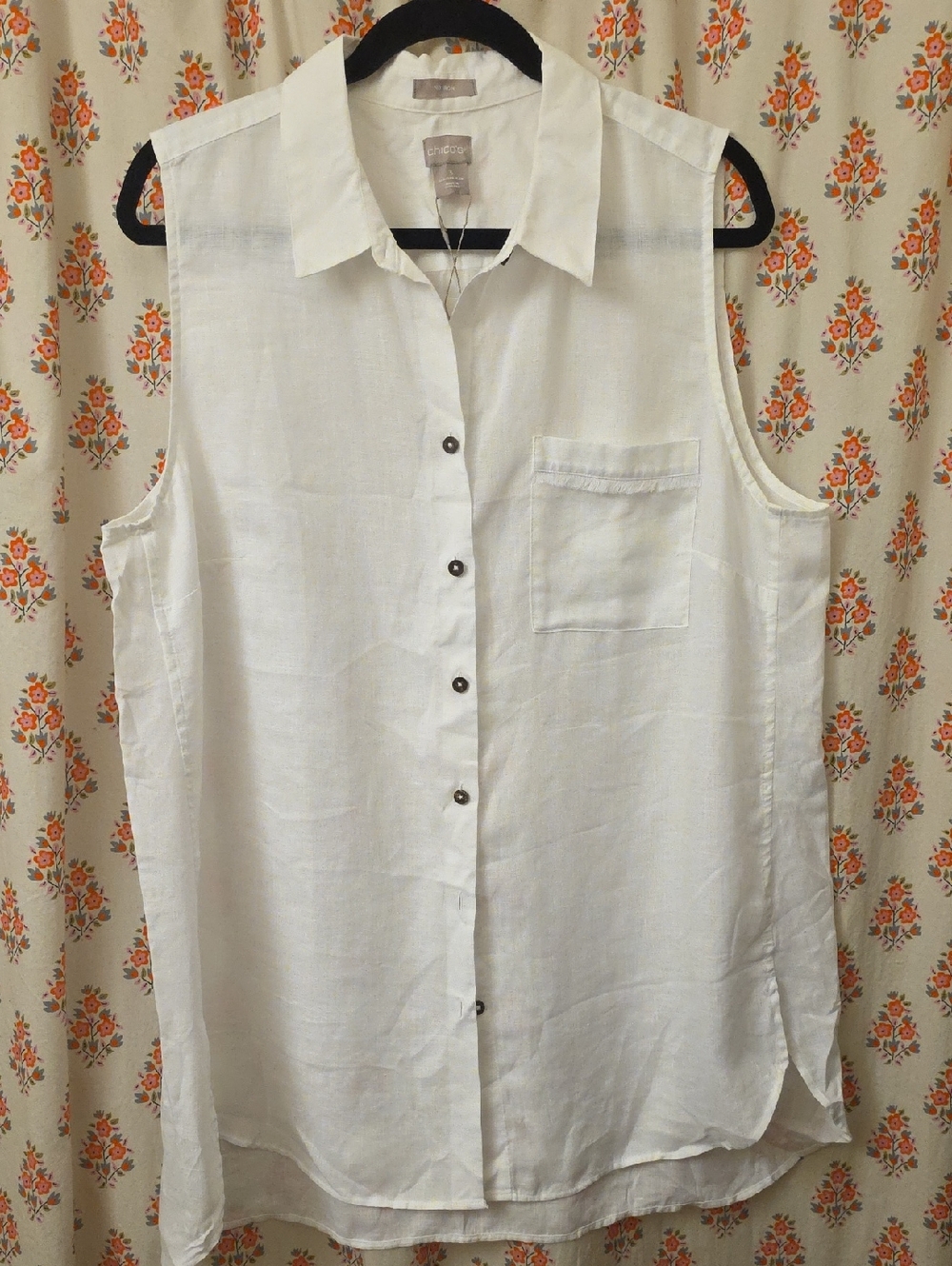 Chico's Sleeveless White Button-Down Linen-Blend Shirt